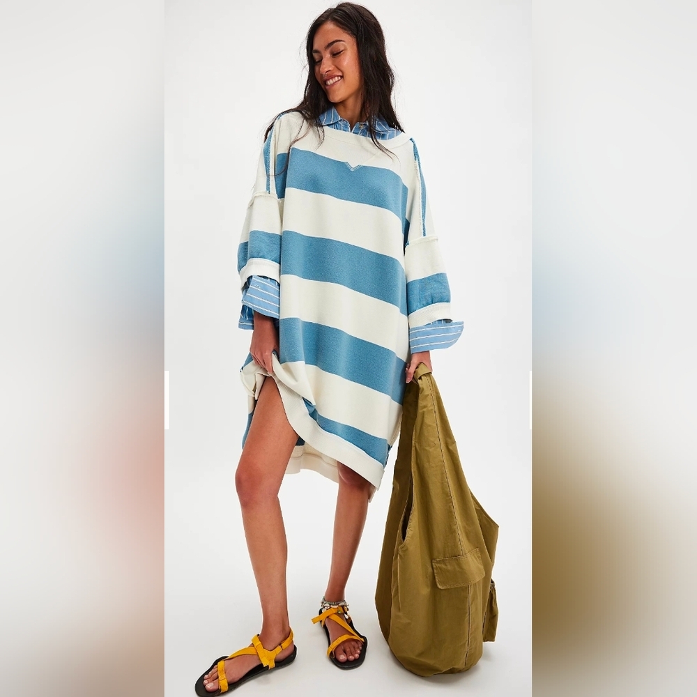Free People Out Here Oversized Striped Maxi Sweatshirt In Blue and White ⬇️